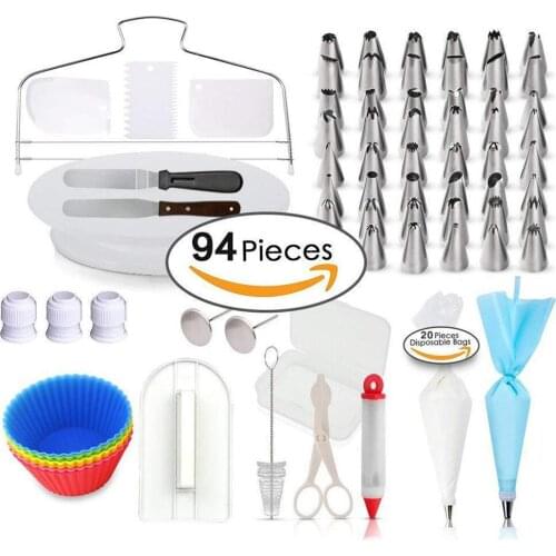 94 Pcs/sets Cake Decorating Baking Supplies Kit with Cake Turntable Stand Icing Tips Pastry Bag Cupcake Molds More Pastry Tools