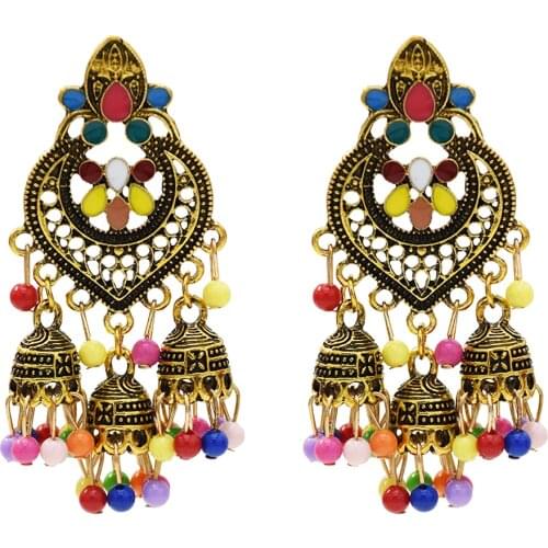 Afghan Jewelry Ethnic Big Jhumka Earrings Long Tassel Beaded Drop Flower Jhumka Indian Earrings Bridal Wedding Party Jewelry