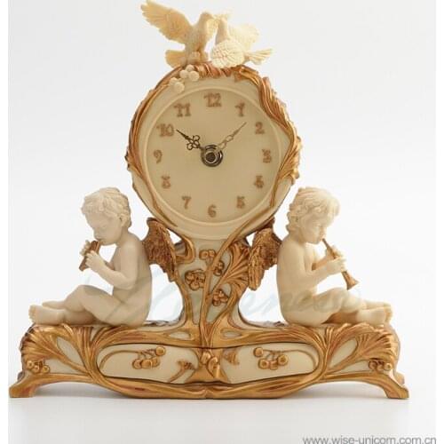 CRAFTS DECOR ERRONI CREATIVE CLOCK TWO SITTING ANGEL WIND INSTRUMENT IVORY WHITE PAINTED GOLD BIRTHDAY GIFT