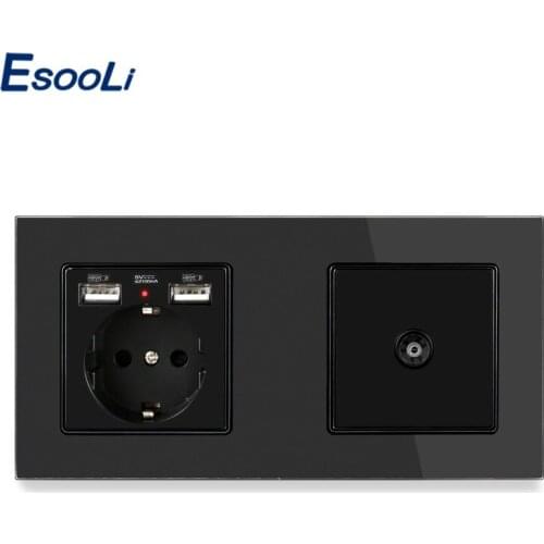 Esooli Black Crystal Glass Panel EU Standard Electric Socket with 2 USB + Female TV Connector 172*86mm Enchufe Pared USB