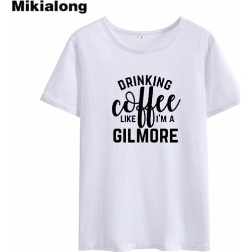 Mikialong Drinking Coffee Tumblr T Shirt Women 2018 Summer Short Sleeve Cotton Tee Shirt Femme O-neck Loose Women Tshirt Tops