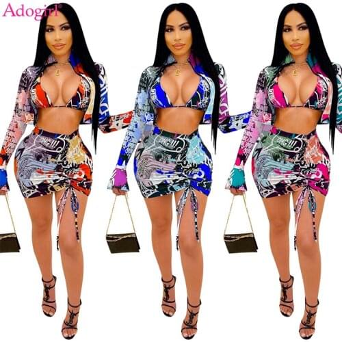 Adogirl Graffiti Letters Print 3 Piece Set Dress Women Sexy Bra Top + Zipper Flare Sleeve Short Jacket + Drawstring Mini Skirts