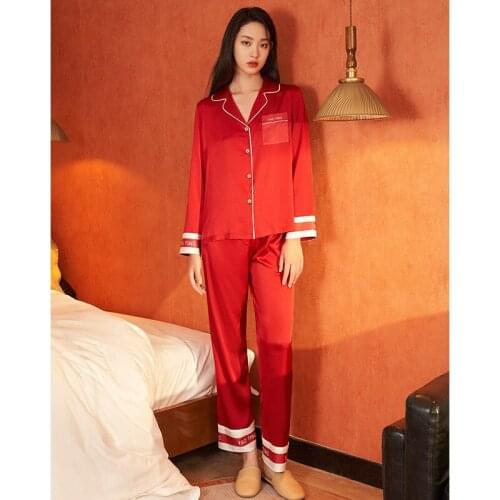 Two Piece Set Satin Chiffon Womens Pajamas Spring And Autumn Thin Long Sleeve Trousers Home Wear Fashion Style Suit Plus Size