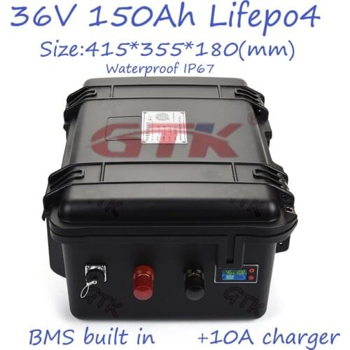 Lifepo4 36v 150Ah Lithium Iron Phosphate LFP soalr battery BMS built in for boat motor RV inverter waterproof case + 10A charger