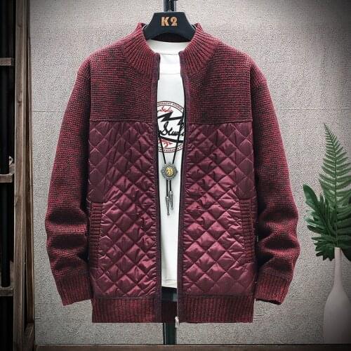 Mens stitching sweater, stand-up collar slim knit cardigan padded jacket mens cardigan sweater