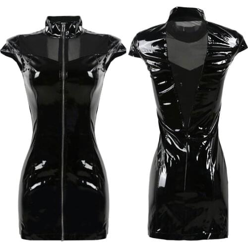 2018 New Black Vinyl PVC Dress Gothic Summer Style Corset Mesh Patchwork Faux Leather Punk Fetish Zipper Dresses Plus Size S-XXL
