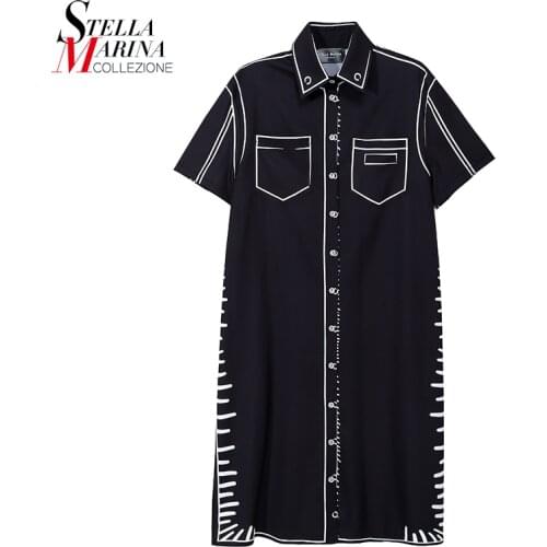 New 2021 Woman Summer Designer Black Shirt Dress Plus Size Midi Printed Fake Pocket Straight Girls Unique Style Robe Femme 8375