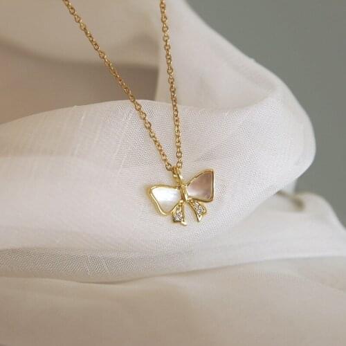 Fresh Women Simple Gold Plated Shell Bow Necklace Fashion Micro Inlay Zircon Clavicular Chain Charm Women Valentines Day Gift