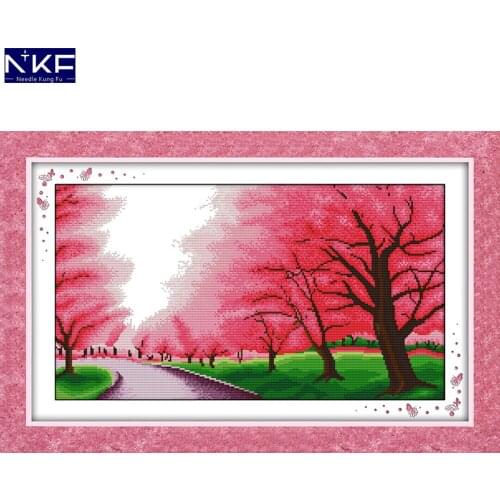 NKF Romantic Sakura Stamped Cross Stitch Patterns DIY Kits Needlework Embroidery Sets Cross Stitch for Home Decor