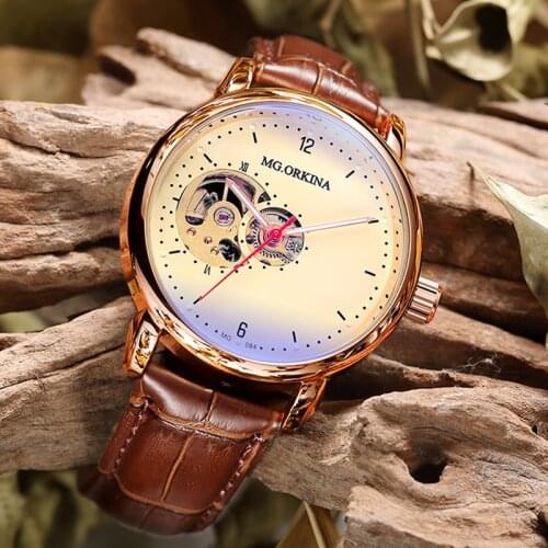 Orkina Brown Leather Luxury Brand Mechanical Watch Rose Gold Case Automatic Self-Wind Stylish Simplicity Skeleton Wristwatches