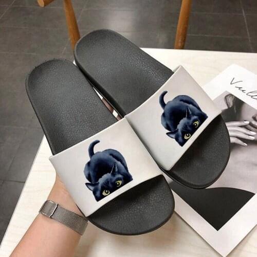 Women Summer Slippers Casual Sandals Beach Slides Cartoon Black cat Flip Flops Non-Slip Soft Sole Lovers Bathroom Shoes Female