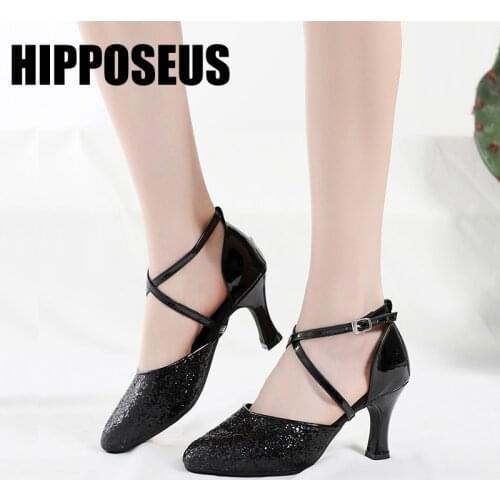 Hipposeus Latin Dance Shoes for Woman Girls Ladies Ballroom/Outdoor Modern Tango Dancing Shoes Closed Toe Sequins Dropshipping
