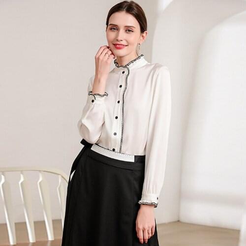 100% Silk Blouse Women Casual Style Long Sleeve Solid Simple Stand Neck Long Flare Sleeves Loose Top New Fashion
