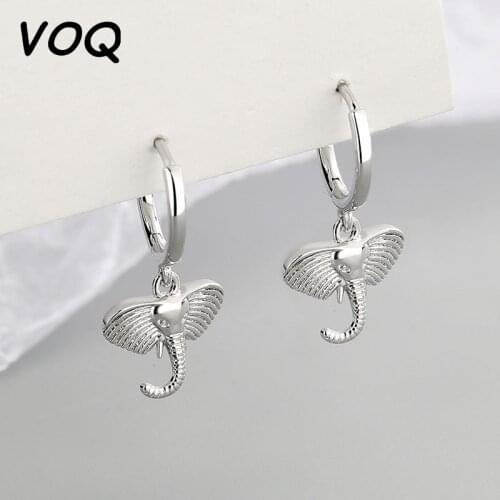 VOQ 925 Sterling Silver Elephant Pendant Ear Buckle Hoop Earrings Ladies Fashion Party Punk Jewelry Accessories Gifts