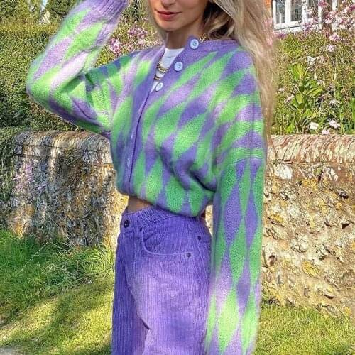 Argyle Plaid Knitted Cardigan For Women Y2k Sweater Casual Single Breasted Crop Top Woman Autumn 2021 Korean Fashion Sweet Coat