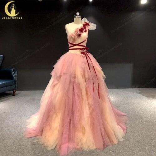 Rhine real Pictures Marchsea Pink One shoulder flowers robe de soirée de mariage dress women evening dress long formal dresses