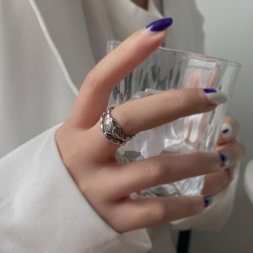 VSnow Vintage Double Layer Love Heart Letter Ring for Women Girl Street Style Open Adjustable Metal Oval Chain Index Finger Ring