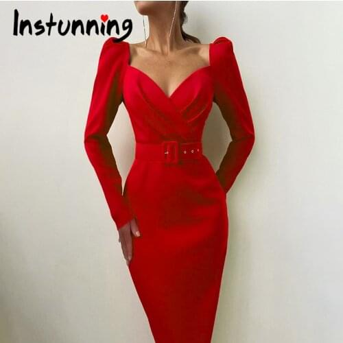 Instunning Womens Dress V-neck Long Sleeve Sashes Sexy Streetwear Autumn Ruched Slim Bodycon Casual Elegant Party Dress Women