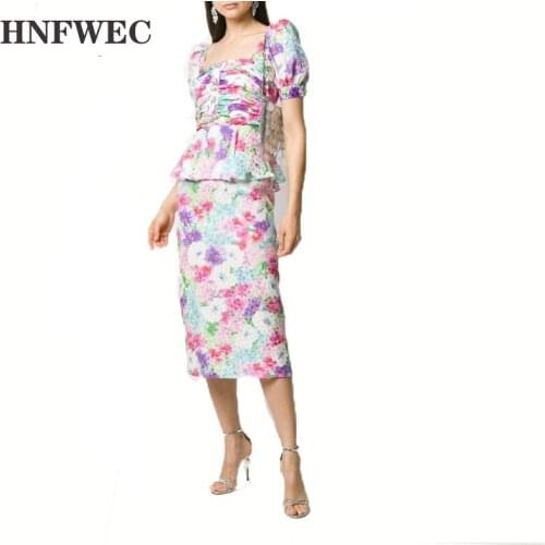 2020 new summer fashion square collar short sleeves flower printed fake two pieces pullover dress female vestido K328