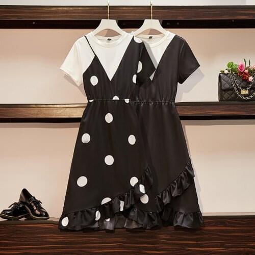 Summer plus size 4XL Women Dress Patchwork Phort Sleeve O-Neck Elastic Waist Dot Dress Korea Elegant Fake Two Pieces Dresses