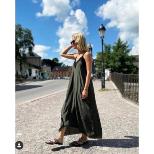 2022 Army Green Letters Jacquard Asymmetric Dress V-neck Embroidery Lace Trim Sleeveless Strappy Long dress Woman