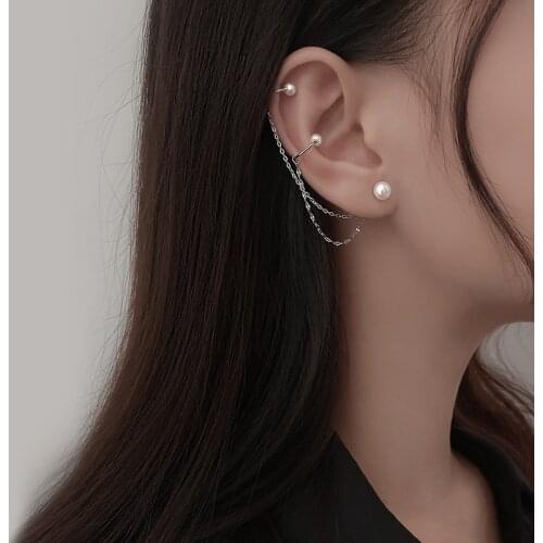 1 pcs 925 Sterling Silver Round Pearl Tassel Stud Earrings For Women Wedding Female Pendientes eh774