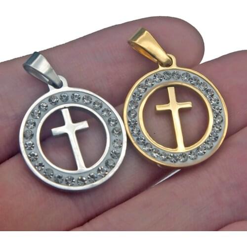 1pc Stainless Steel Zircon Round Circle Cross Pendant Necklace Adjustable Charms Gold Necklace Women Gift Jewelry Making Finding