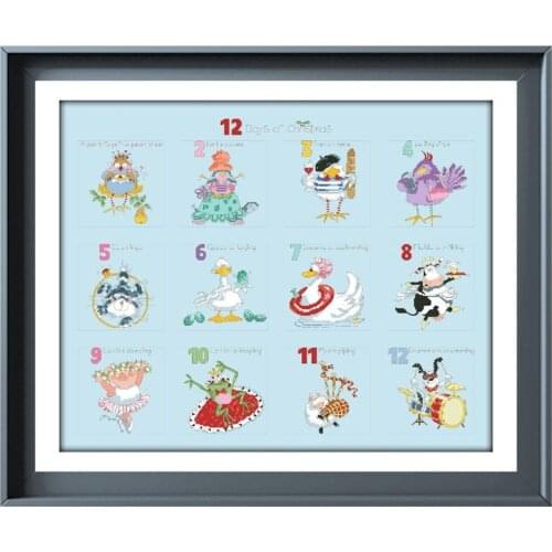 12 days of Christmas cross stitch kits cartoon pattern design 18ct 14ct 11ct skyblue canvas embroidery DIY needlework