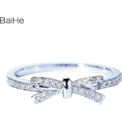 BAIHE Solid 14K White Gold 0.16ct H/SI Round cut Natural Diamonds Wedding Fine jewelry beautiful bowknot diamond ring for women