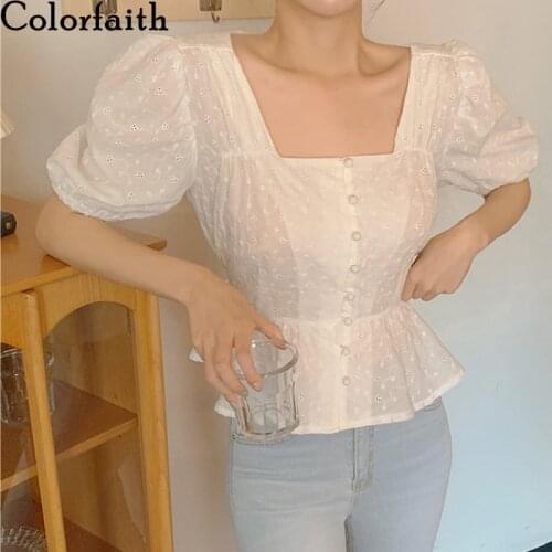 Colorfaith New 2021 Women Summer Blouses Shirts Buttons Lace Up Vintage Korean Style Embroidery Square Collar Lady Tops BL3160