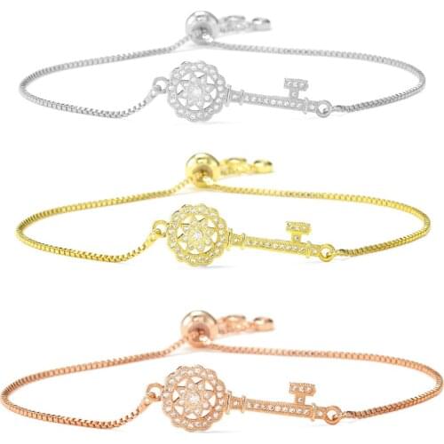 CZ Zircon Crystal Key Charm Bracelet Copper Chain Rose Gold Color Flower Key Charm Bracelets for Women Jewelry