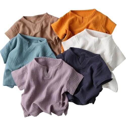 Fashion Boys Tshirt Kids Tops Clothes children t-shirt for Baby Girls T shirt solid short sleeve summer linen soft toddler