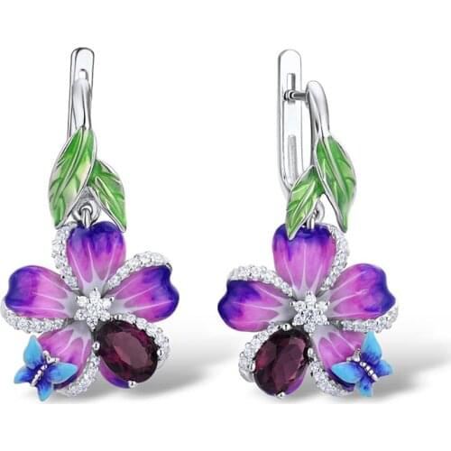 Classic Fashion 925 Silver Lady Earrings Purple Flower Butterfly Earrings AAAA Purple Zircon Handmade Enamel Jewelry Gift