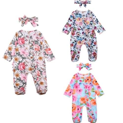 Newborn Baby Girl Footed Playsuit Floral Print One Piece Jumpsuit Sleeper with Headband Baby Girls Clothes