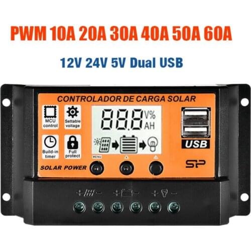 100A 60A 50A 30A 10A Solar Charge Controller 12V 24V Auto PWM 5V Output Regulator PV Home Battery Charger LCD Dual USB