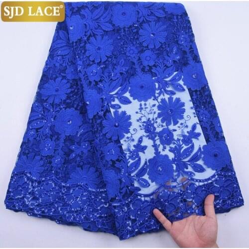 SJD LACE Royal Blue French Lace Fabric With Sequins African Lace Fabric Embroidery Flower Milk Silk Laces For Wedding DressA2153