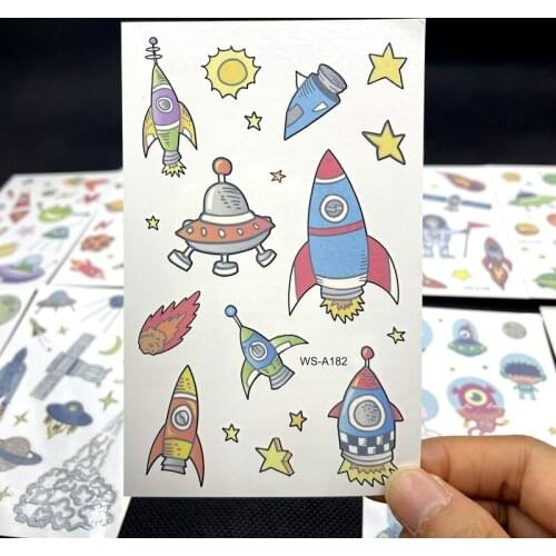 Cute Baby Spacecraft Temporary Tattoo Stickers Kids Universe Colorful Boys Girls Arm Body Fake Tatoos Kids Party Decoration