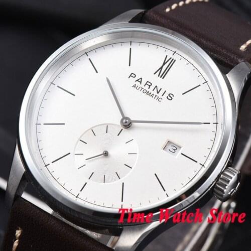 Parnis mens watch concise style white dial silver hands DATE 42mm case 5ATM ST1731 Automatic wrist watch men 954