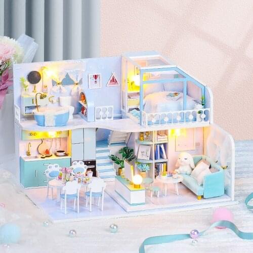 DIY Wooden Dollhouse Kits Miniature with Furniture 3D Modern Loft Villa Doll House Casa Assembled Toys for Girls Adults Gifts
