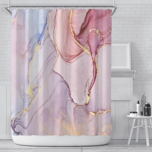 Pink Marble Pringting Shower Curtain Set with 12 Hooks Bathroom Decoration