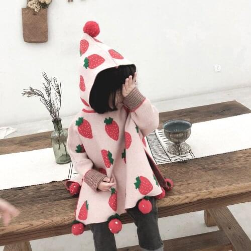 2021 new Baby girl kids clothes Autumn And Winter New Product Children Sweater Girl Full Hat Lovely Strawberry Wool Cloak