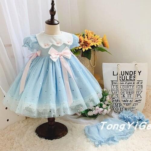 New Spanish Lolita princess dress baby girl Mesh stitching cute dress for girls bow vintage ball gown dress