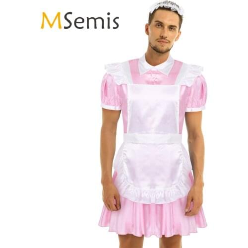 MSemis Men Adults Sissy Maid Dress Cosplay Outfit Sexy Halloween Sexy Costume Crossdressing Sexy Male Dress with Apron Headband