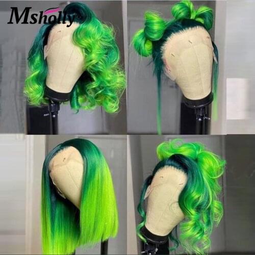 Transparent 13x4 Lace Frontal Wig Green Pink Blue Ombre Lace Front Wig Brazilian Remy Human Hair Wigs With Baby Hair 8-16 inches