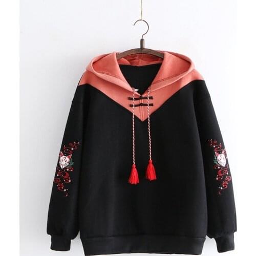 Merry Pretty Women Hoodies Fleece Thick Cute Fox Embroidery Winter Autumn Women Pullovers Jumpers Japanese Hooded Pullovers