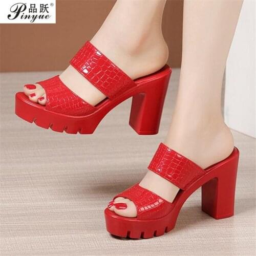 Plus Size 34-43 Open Toe Platform Shoes Summer Slippers Woman Patent Leather Slides Women High Heels Slippers Ladies