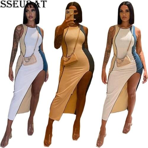 SSEURAT Women Long Dress Patchwork Sleeveless O-neck Split Asymmetrical Bodycon Midi Dresses Sexy Fashion Streetwear Summer