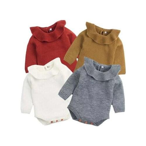 2020 Baby Spring Autumn Clothing Newborn Infant Baby Girl Boy Knitted Bodysuit Solid Ruffled Neck Jumpsuit Long Sleeve Playsuit