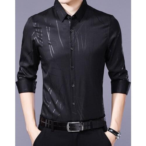 Spring Long Sleeve Shirt Men Striped Real Silk Shirt Korean Black Mens Shirts Casual Slim Fit 2020 Camisa Masculina KJ1965