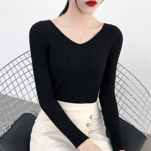 Knitted Jumper Autumn Winter Tops Sexy V-neck Pullovers Casual Sweaters Women Shirt Long Sleeve Short Slim Sweater Girls